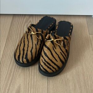 BY FAR Tiger Print Mules with Gold Accent